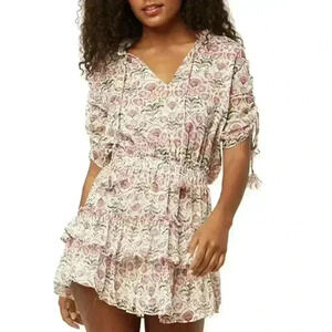 MISA Ruffled Mini Dress Floral Becca Tiered Lace Tassel White Pink XL $350 NWT